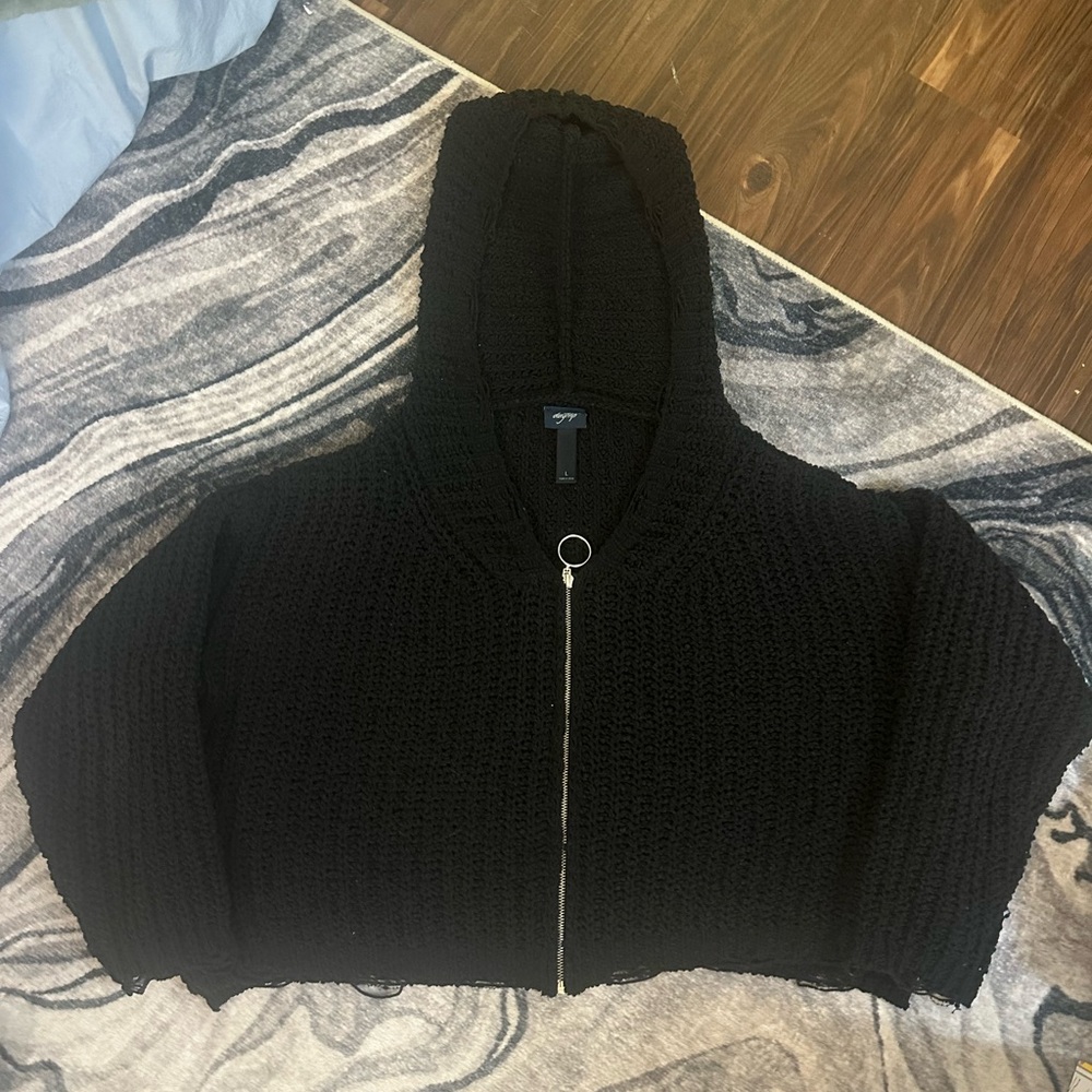 Worn Black Boxy Hooded Women's Sweater